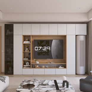电视柜现代简约带空调位置，收纳储物柜靠墙背景墙客厅定制钢化玻璃