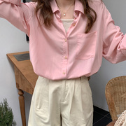 淡粉色春夏垂坠感长袖衬衫女chic潮设计感小众气质显瘦polo领衬衣