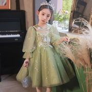 女童礼服花童小女孩公主，裙儿童主持人，生日走秀钢琴演出服绿色森系