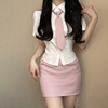 韩版短袖衬衫修身高腰，防走光打底包臀裙粉色半身裙，学院短裙套装夏