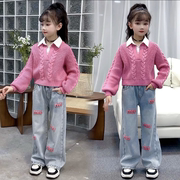 女童韩版假两件衬衫毛衣，2024春季甜酷儿童毛巾，绣牛仔裤两件套