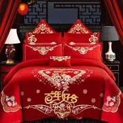 婚庆四件组大红色刺绣结婚新婚床品中式龙凤被套床上用品六八十件