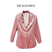 dragonmini豆沙粉丝绒烫钻蕾丝外套，拼接设计感收腰垫肩西装礼服