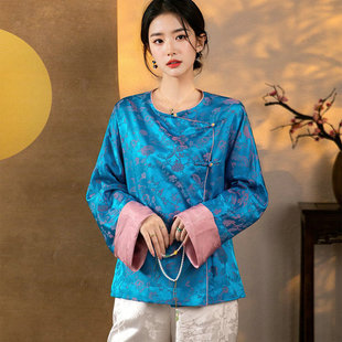 中国风复古盘扣重磅真丝，提花上衣女，春季长袖拼色宽松版桑蚕丝衬衫