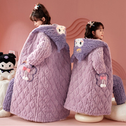 加厚珊瑚绒睡衣女童冬季三层夹棉袄中大儿童母女库洛米可爱家居服