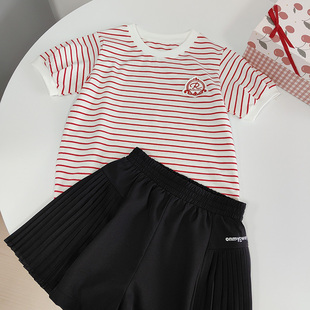 日常好穿搭 110-160女童夏季短袖条纹T恤 好看的泡泡袖红白条纹T