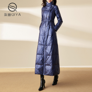 藏蓝色羽绒服女冬季2022立领，白鸭绒(白鸭绒，)中长款过膝到脚踝pu皮外套