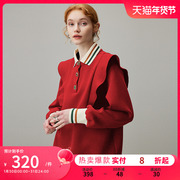 dfvc韩版红色polo领卫衣女，秋冬2023木耳边宽松小个子短款外套