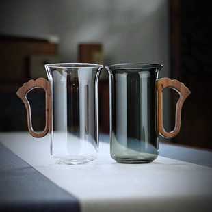玻璃杯耐高温家用水杯带木把手工，创意高级感茶杯泡绿茶高颜值杯子