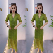 夏季法式轻奢高级感气质收腰绿色新中式国风蕾丝连衣裙两件套装女