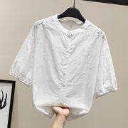 白色衬衫女中袖2023年夏装，甜美气质镂空刺绣，花朵衬衣纯棉宽松上衣