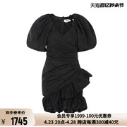 MSGM 黑色褶皱装饰荷叶边不对称设计女士V领泡泡袖连衣裙与鱼尾裙
