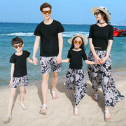 海边沙滩度假时尚碎花，夏装亲子装母子洋气，母女装男童宝宝短袖套装
