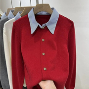 polo领拼接红色针织衫女春装2024设计感减龄洋气小衫打底开衫