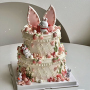 网红小兔子生日蛋糕装饰摆件，兔宝宝周岁兔耳朵，插件小草莓硅胶模具