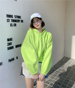 韩国2023春秋季小个子外套连帽短款卫衣女加绒荧光绿上衣小众