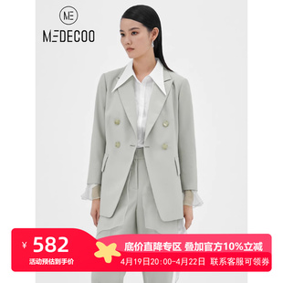 MEDECOO/墨蒂珂2022春季女装雪纺拼接双排扣九分袖西装短外套