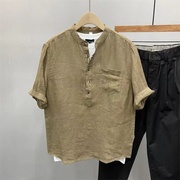 2023夏季短袖亚麻衬衫，男日系复古宽松休闲透气立领麻料衬衣男