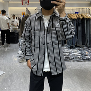 2023秋季男士黑白条纹针织衬衫，外套文艺青年经典韩版宽松长袖