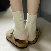 后跟布标袜子女春夏季中筒袜纯棉，韩版运动ins潮夏天长袜