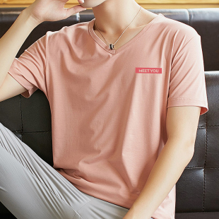 t恤短袖男装夏装青少年v领潮流韩版粉色半袖，夏季衣服冰丝学生体恤