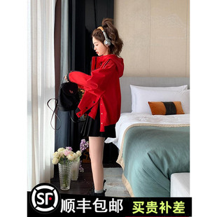 红色短款斗篷式夹克，外套女春2024韩版小个子，洋气炸街时尚上衣