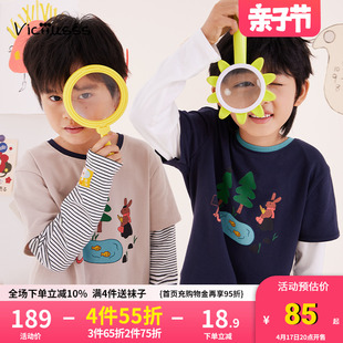 viciusss童装男童假两件印花T恤2023秋卡通套头圆领儿童上衣洋气