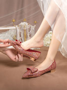 主婚纱婚鞋红色新娘礼服水晶鞋平底粗跟高级感亮闪闪喜婆婆高跟鞋