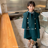 韩版儿童外套冬季女童洋气墨绿色大翻领中长款双排扣加厚毛呢大衣
