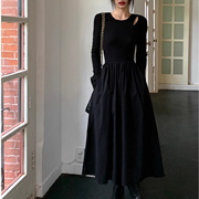 黑色拼接连衣裙女秋季2023法式高腰显瘦设计感镂空长袖字