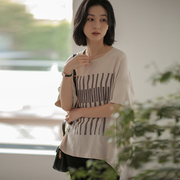 无谓韩式文艺2024夏季女装，蝙蝠袖宽松茧型印花t恤女内搭上衣