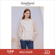 goodland美地女装2023秋季法式网纱绣花钉珠，衬衫金属闪丝上衣