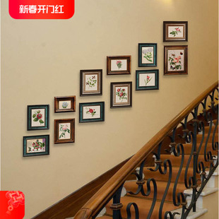 楼梯照片墙装饰实木美式客厅，相框墙欧式挂墙现代背景墙组合画