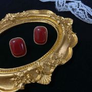 「摩登时代」方形红宝石s925银耳钉复古法式巴洛克风耳钉耳夹女