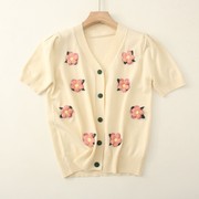 夏季针织短袖T恤女装2023年宽松慵懒风甜美玫瑰花瓣上衣