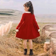 女童连衣裙韩版时尚，红色大翻领，钉扣洋气大童裙子