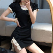 2024夏韩版法式复古蝴蝶结包臀短裙，修身显瘦黑色，开叉连衣裙子短袖