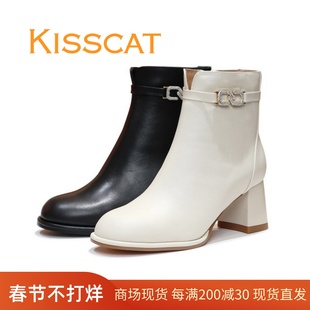 KISSCAT接吻猫2023秋冬圆头粗跟侧拉链水钻牛皮短靴子KA43705-12