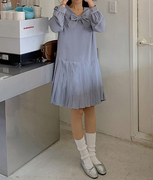 韩国大(韩国大)码女装，2023冬装时尚，娃娃领蝴蝶结拼接淑女连衣裙特
