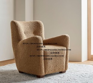 北欧美式乡村实木羊羔绒布艺单人位沙发椅洽谈椅交椅可旋转家具