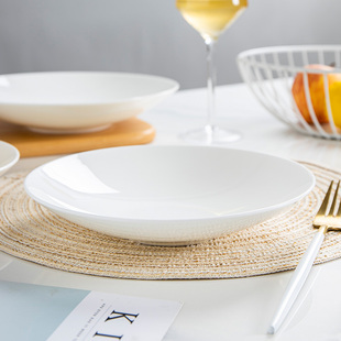 景德镇骨瓷纯白陶瓷菜盘创意，家用餐具简约中式菜碟，圆形碟子深盘子