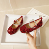 女童鞋子公主鞋2024春秋季红色，水晶单鞋软底，小皮鞋配礼服演出