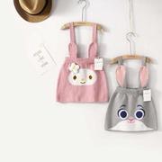 春季女童纯棉线针织背带裙，宝宝包臀裙灰色，粉色小兔可爱卡通