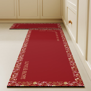 厨房地垫硅藻泥吸水垫防滑防油可擦免洗整铺厨房地毯喜庆红色脚垫