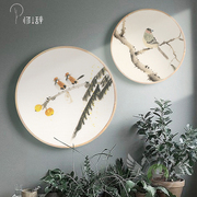 新中式花鸟实木圆形装饰画，客厅有框画玄关水墨国画书房挂画壁画