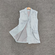 韩版复古牛仔色显瘦小外套 带里衬修身口袋天丝中长款西装马甲女