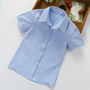儿童短袖蓝色衬衫夏季翻领，男童衬衣小学生校服，表演服中大童上衣
