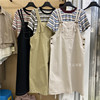 韩国东大门中长款背带连衣裙，+彩色条纹短袖，t恤时尚休闲两件套女装