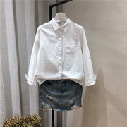 2021春季简单白色韩版口袋，百搭休闲长袖衬衫女3500翻领衬衣潮