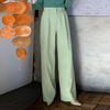 韩国chic春季小众甜美糖果色高腰百搭压褶设计垂感直筒阔腿西装裤
